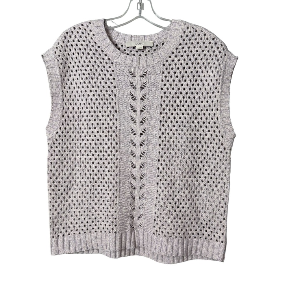 Loft Sweater Vest Women XS Purple Pointelle Knit Sleeveless Crew Neck Open